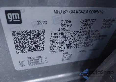 2024 Chevrolet Trax Fwd Sp z USA, uszkodzony, nr VIN KL77LFE27RC201955